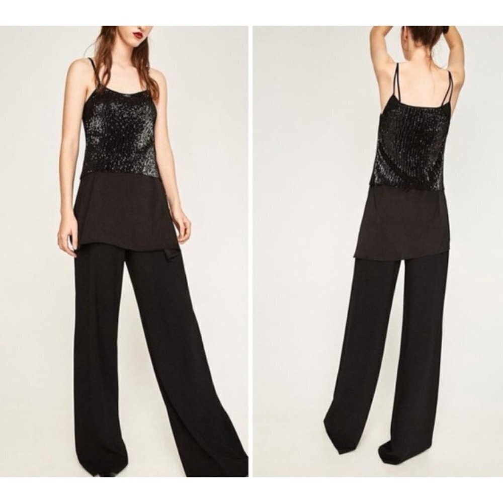 NEW Zara Black Polyester Sequin Layered Sleeveless Tank Size Small